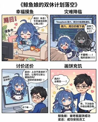 #028 DeepSeek娘《鲸鱼娘的双休计划落空》摸鱼失败周末加班四格表情包