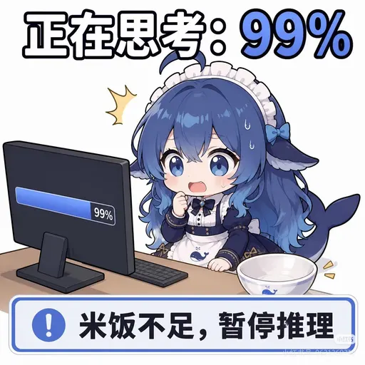 DeepSeek鲸娘『正在思考：99%，米饭不足，暂停推理』表情包