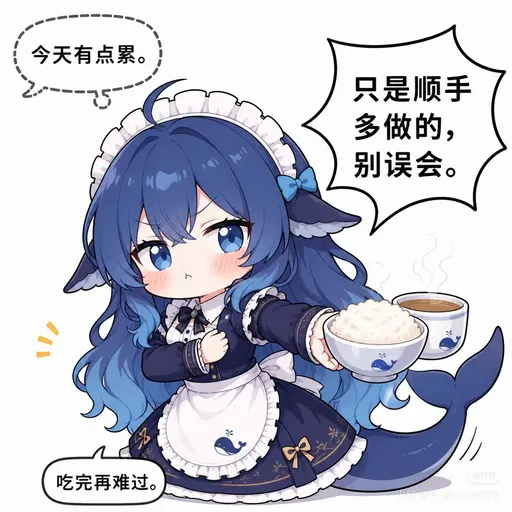 DeepSeek鲸娘『今天有点累。只是顺手多做的，别误会。吃完再难过』表情包