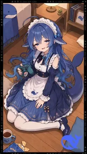 whale-chan maid gaming late night with a controller meme