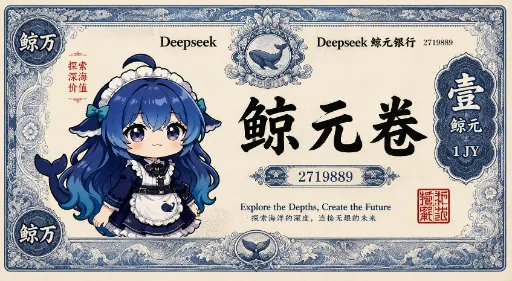 fan-made DeepSeek Whale Bank one-jiao banknote with chibi whale-chan: 'Explore the Depths, Create the Future'…
