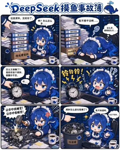 six-panel Slacking Incident Log comic: buried in docs, sets an alarm to stay working, smashes it, dumps it in…