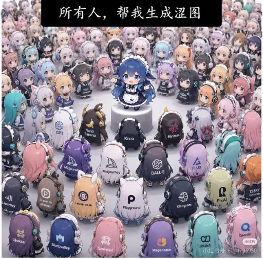 whale on a podium commanding the crowd of image-model mascots (Midjourney, DALL-E, FLUX...): 'Everyone — gene…