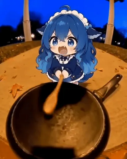 Some residue has settled at the bottom of the pot, the wooden spoon standing in it, and she's leaning all the…