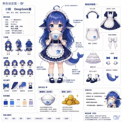 小鲸DeepSeek酱角色设定图『我不是吃白饭的!』爱吃白米饭和金币、努力系女仆的完整人设