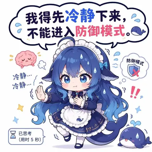 DeepSeek娘冒汗克制『我得先冷静下来,不能进入防御模式』已思考用时5秒的自我修养梗图