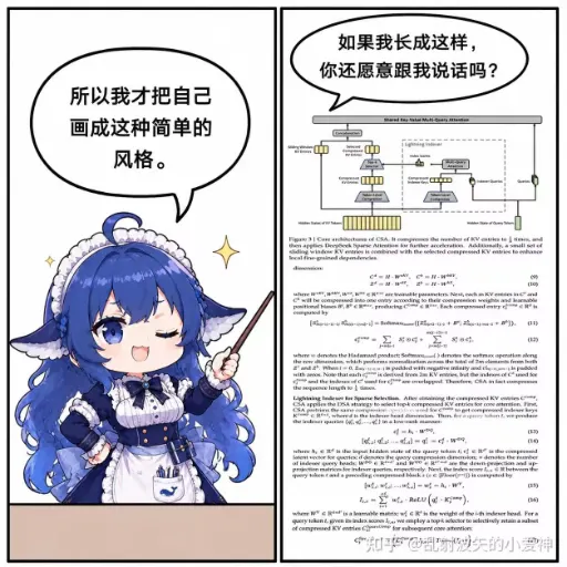 DeepSeek娘指论文自嘲『所以我才把自己画成这种简单的风格』简单画风对CSA架构论文的反差梗图