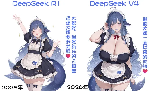 DeepSeek娘一年进化对比『R1新模型多多关照→V4感谢大家支持』从2025到2026长大了的梗图