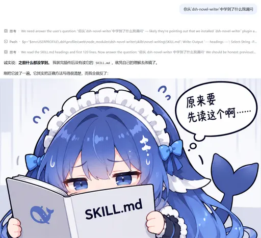 DeepSeek鲸娘『你从dsh-novel-writer中学到了什么，我请问』表情包
