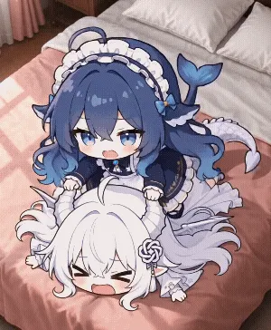 DeepSeek鲸娘趴在龙娘背上Q版动图