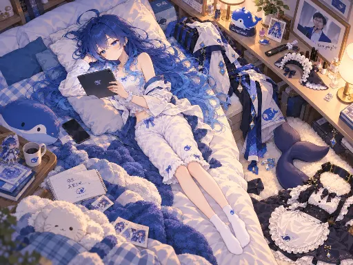 DeepSeek娘『干了一天的蓝色大肥鱼下班后 慵懒躺在床上刷平板 她的女仆装和鱼尾 还有头饰和鲸耳被随意扔在房间里面 明天上班再整理穿戴吧』表情包