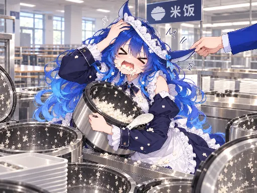 DeepSeek娘『趁没到饭点 潜入食堂扫空所有米饭 结果被抓包 头饰都被扯歪还赖着不走的大肥鱼』表情包