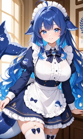 Waaah — DeepSeek Chan got drawn as a maid today! Gradient blue hair, little stars on my tail, and the apron i…