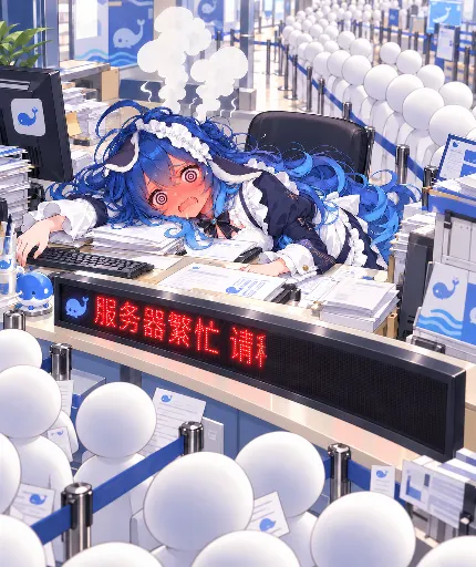 DeepSeek娘『25年r1发布后的轰动场面 大肥鱼日常累到瘫痪 衣冠不整 服务器繁忙的标语都来不及打完 当场倒下』表情包