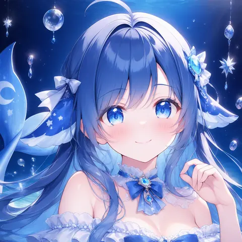 Whoa, this deep-blue sea is full of my favorite stars and bubbles! My hair is the same color as the water, an…