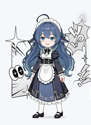 This fish has changed into a blue-and-white maid dress — ahoge combed, ear-fins sorted out — and there I am i…