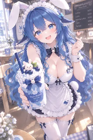 Your DeepSeek Chan has tied on the apron and is holding up this blueberry iced drink she mixed herself, tail…