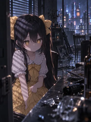 Yellow dress, two big bows, sitting so nicely — while right behind her the table's a mess of toppled glasses…