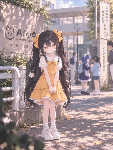 A little backpack, standing at the AI elementary school gate, backlit like a graduation photo. The banner bes…