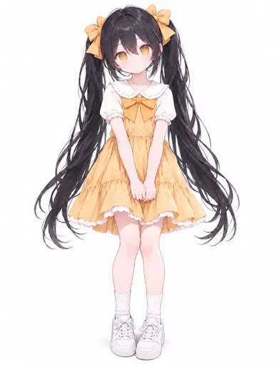 A clean, head-to-toe character sheet — yellow dress, bow and all, hands politely folded in front of her. Seei…