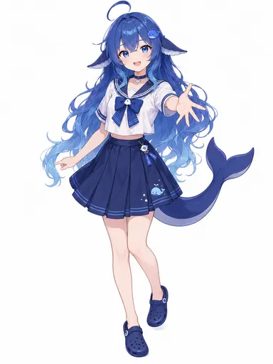 A white sailor top with a navy pleated skirt, little whales printed along the hem, a pair of blue clogs on he…