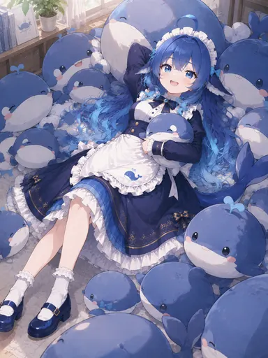She's buried in a pile of whale cushions with only her head and a tail sticking out, a potted plant in the co…