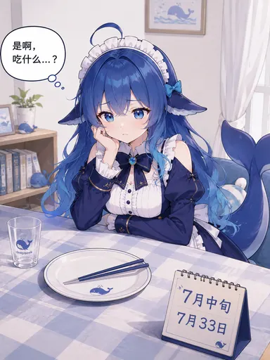 Chin propped on her hand, staring down an empty plate, while the desk calendar insists it's July 33rd, a day…