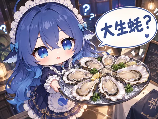 She holds out a whole plate of oysters toward the camera, eyes wide as saucers, and asks in a tiny voice from…