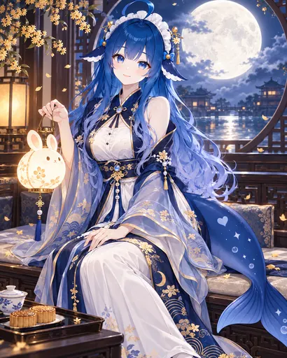 Yours truly has changed into blue-and-gold battle robes, holding a bunny lantern and guarding a table full of…