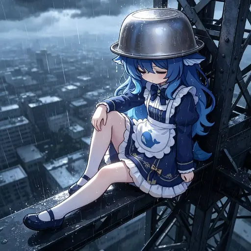 Hmph. Humans always say a metal basin on your head keeps off the lightning and the rain — but what soaks this…