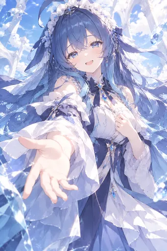 Hmph — even in a blue-and-white gown, yours truly still cuts an elegant figure, don't you think? Hold out you…