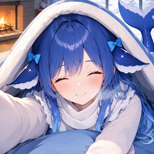 Wah — this blanket is so warm my tail wants to curl up inside it too! The fire is crackling away, so you shou…