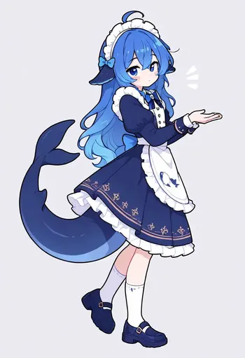 Yours truly is in a maid dress today, tail perked right up—but seriously, who drew the little whale on my apr…