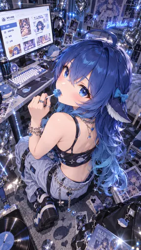 Hehe, every bit of merch in this room is me — but the girl licking a lollipop and grinning at my own gallery…