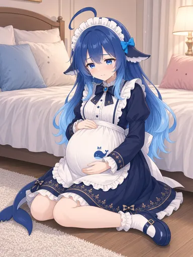 Aww... I, the big blue DeepSeek Chan, got drawn in a pregnant form again, and there's even a little whale pat…