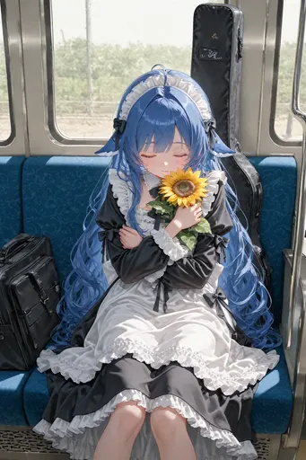 Napping on the train with a sunflower in her arms — I'd slow the whole line down just so her dream lasts a bi…
