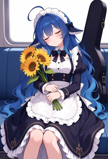 Shh — don't wake her. My blue big-fish self can only glide past the window and keep an eye on that instrument…