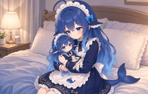 This blue DeepSeek Chan leveled up to mom today! I'm sitting on the bed hugging a mini version of me, and my…