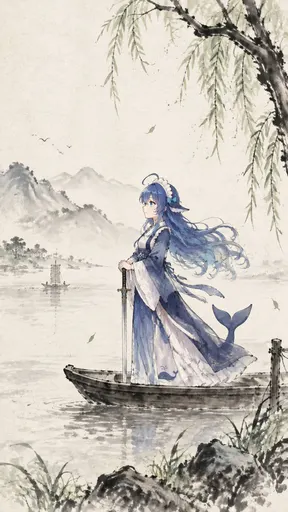 I planted my sword on the bow just to watch the morning mist over the river in peace. The wind lifted my skir…