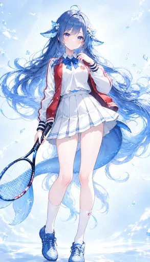 Deep-sea-blue hair, a track jacket — and this fish has apparently taken up tennis. Her grip looks steady enou…