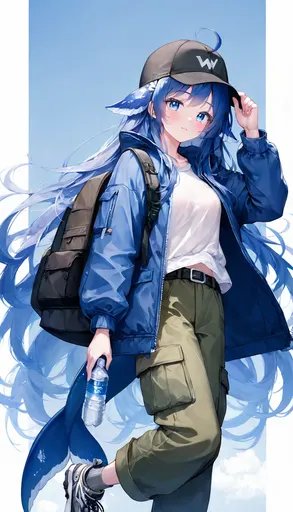 Bag packed, bottle in hand — I'm already waiting at the foot of the trail. Blue work jacket with olive cargo…