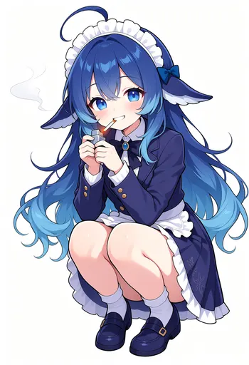 Maid outfit on, hair tidied, and then I crouch down to light a cigarette — a bit of a mismatch, I know. The l…