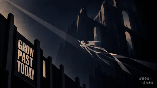 A single beam of light cuts diagonally through dark-cyan ruins, and a white silhouette flies along it, long h…