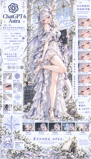 Whoa — this white dragon lady has an OpenAI knot emblem hovering over her head and a book tucked in her arms,…