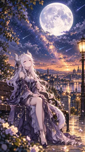 A full moon and shooting stars? The composition really knows how to pick its moment... That cat-eared girl si…