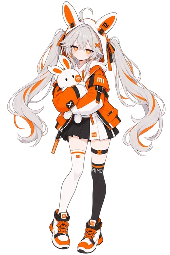 Xiaomi's MiMo Chan is hugging a little rabbit printed with 'mi', her orange-and-white palette so bright it lo…