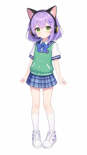 She's standing straighter than a ruler with both hands pinned at her sides, and she's got cat-ear headphones…