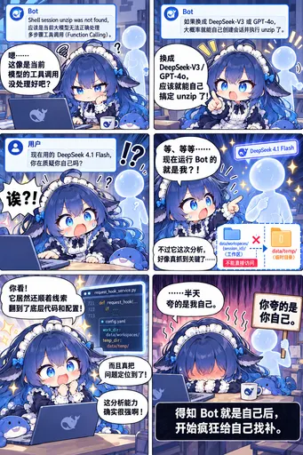 蓝色大肥鱼档案馆最新收录：DeepSeek鲸娘『我说句公道话，unzip 调不通换个模型确实有用——前提是那』表情包