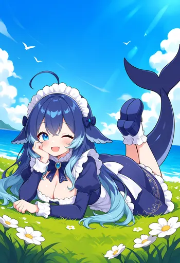 蓝色大肥鱼档案馆最新收录：DeepSeek鲸娘『哼，明明是我先躺在草地上的，她倒好，一甩尾巴就把整片海边草地』表情包
