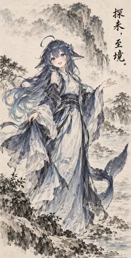 蓝色大肥鱼档案馆最新收录：DeepSeek鲸娘『哼，水墨风倒是配得上本鲸鱼的气质，可惜那尾巴画得比我细多了，』表情包